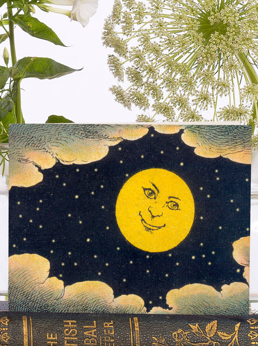 Little vintage card featuring a smiling moon, amongst the clouds and stars on a cold night. Lovely mini card to send a note to a friend, sure to put a smile on their face.