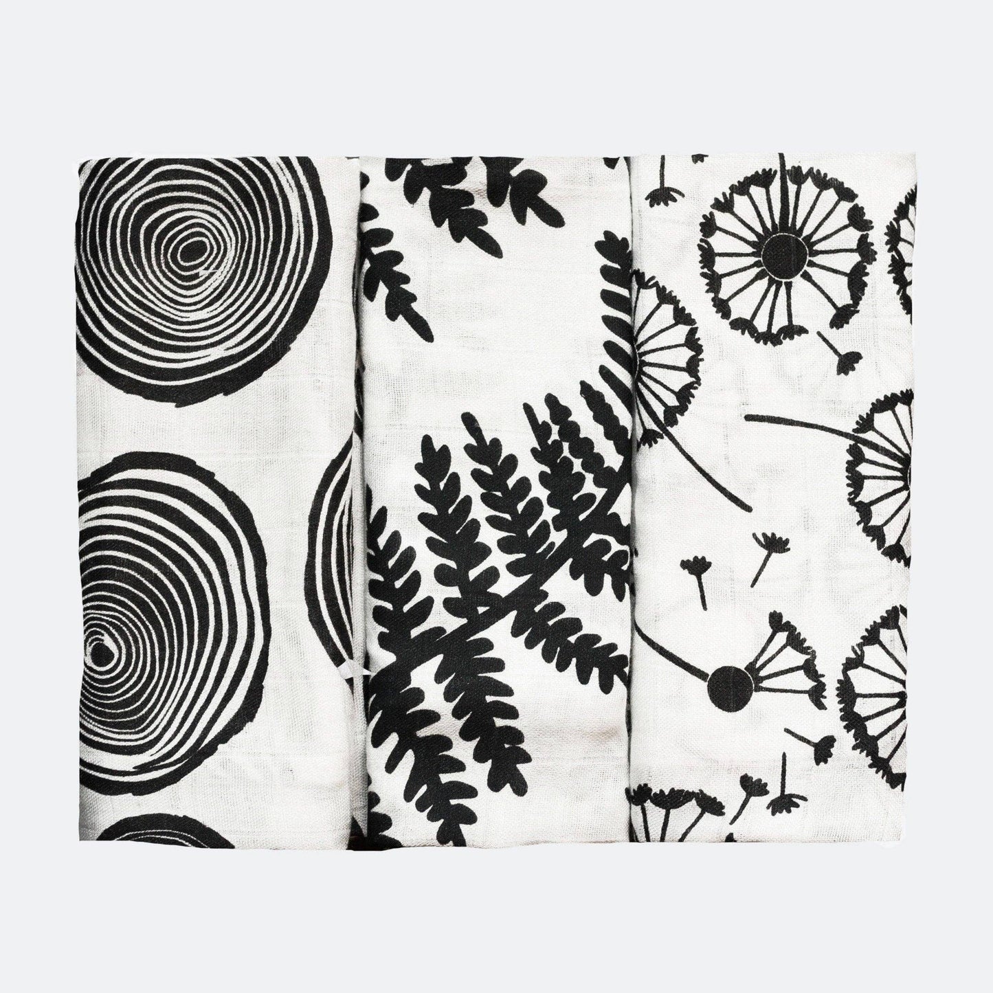 Three GOTS organic cotton sensory muslins with black & white plant prints, presented in gift box