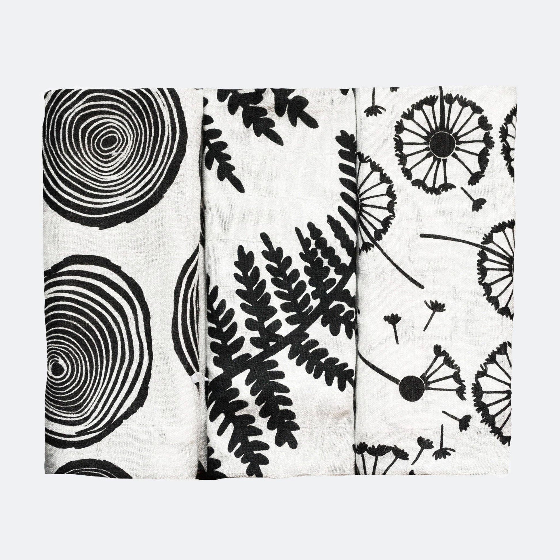 Three GOTS organic cotton sensory muslins with black & white plant prints, presented in gift box