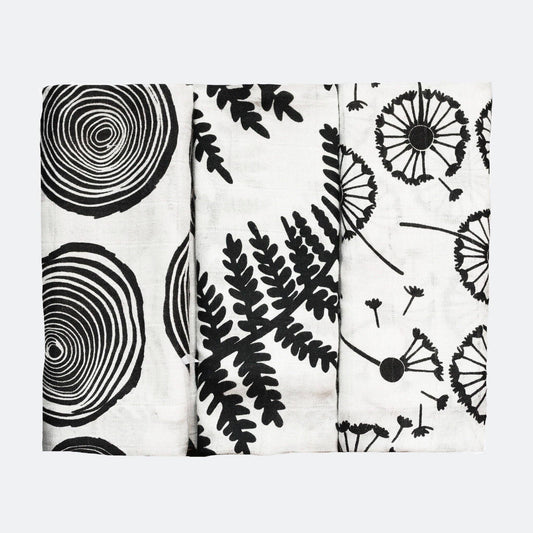 Three GOTS organic cotton sensory muslins with black & white plant prints, presented in gift box