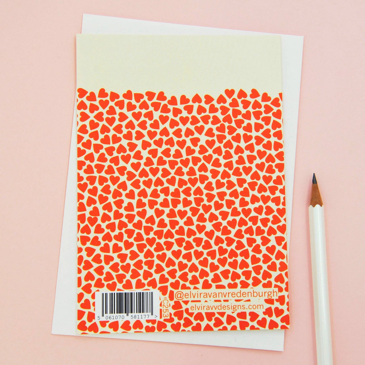 Happy Engagement card featuring tangerine red mini heart design, printed on sustainable 350gsm matt card with cream envelope, blank inside.