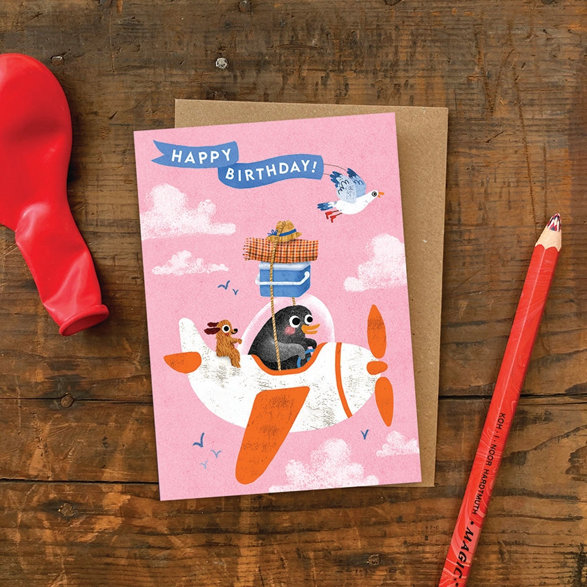 Close up of Sustainably Sourced A6 Penguin Birthday Card