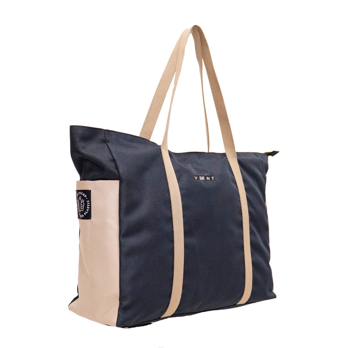 Side profile of spacious navy recycled ocean plastic shopper bag