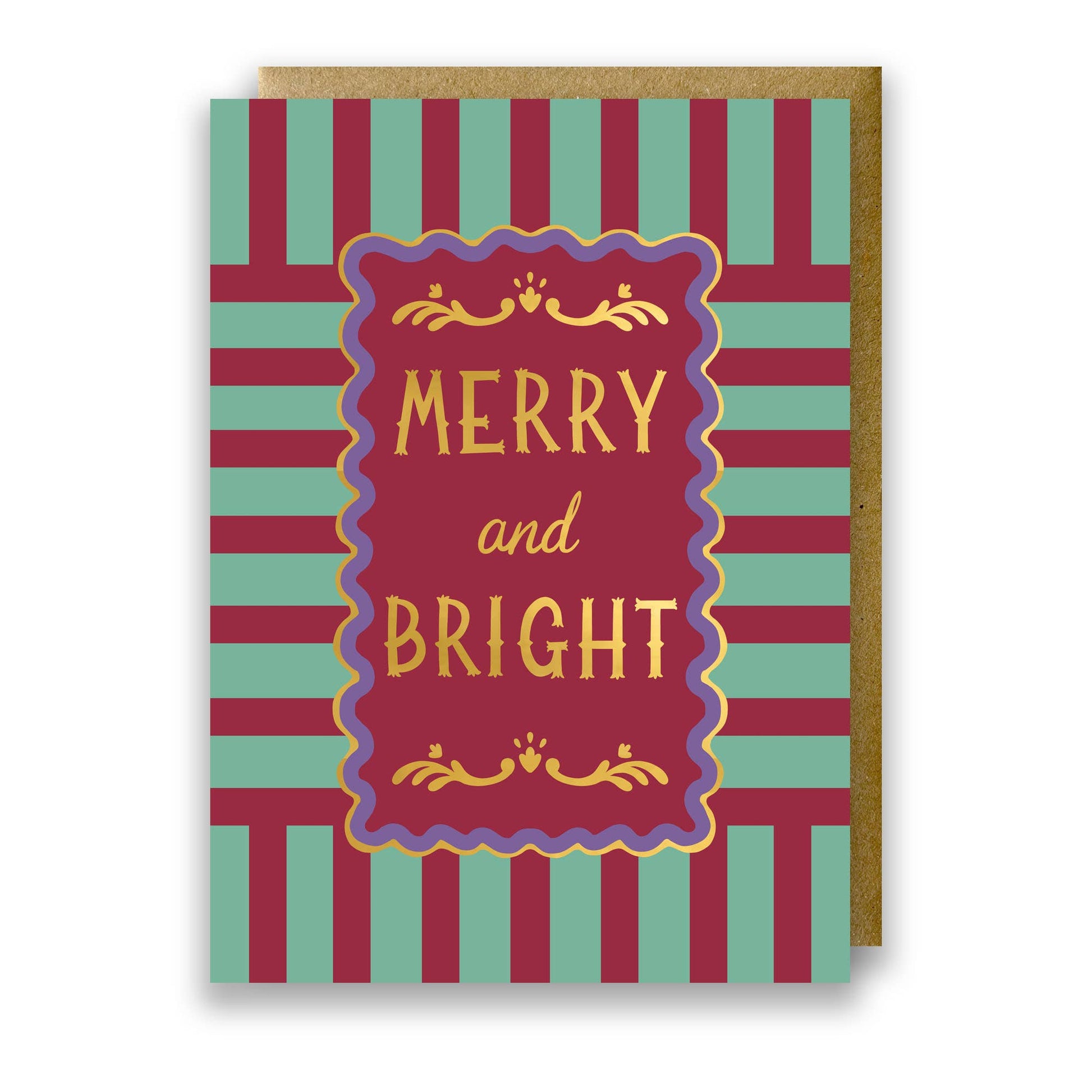 Modern Stripe Gold Foil Christmas Card 'Merry and Bright' with Kraft Envelope