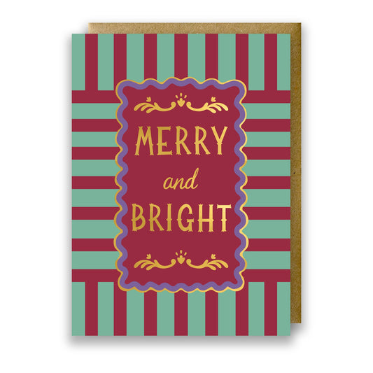 Modern Stripe Gold Foil Christmas Card 'Merry and Bright' with Kraft Envelope