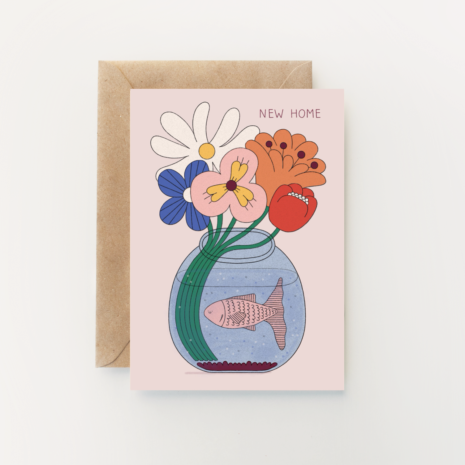 Illustrated New Home greetings card featuring a pink fish in a flower‑filled fishbowl by Hollie Fuller