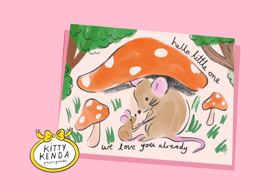 Cute illustrated baby mouse greeting card with colourful envelope