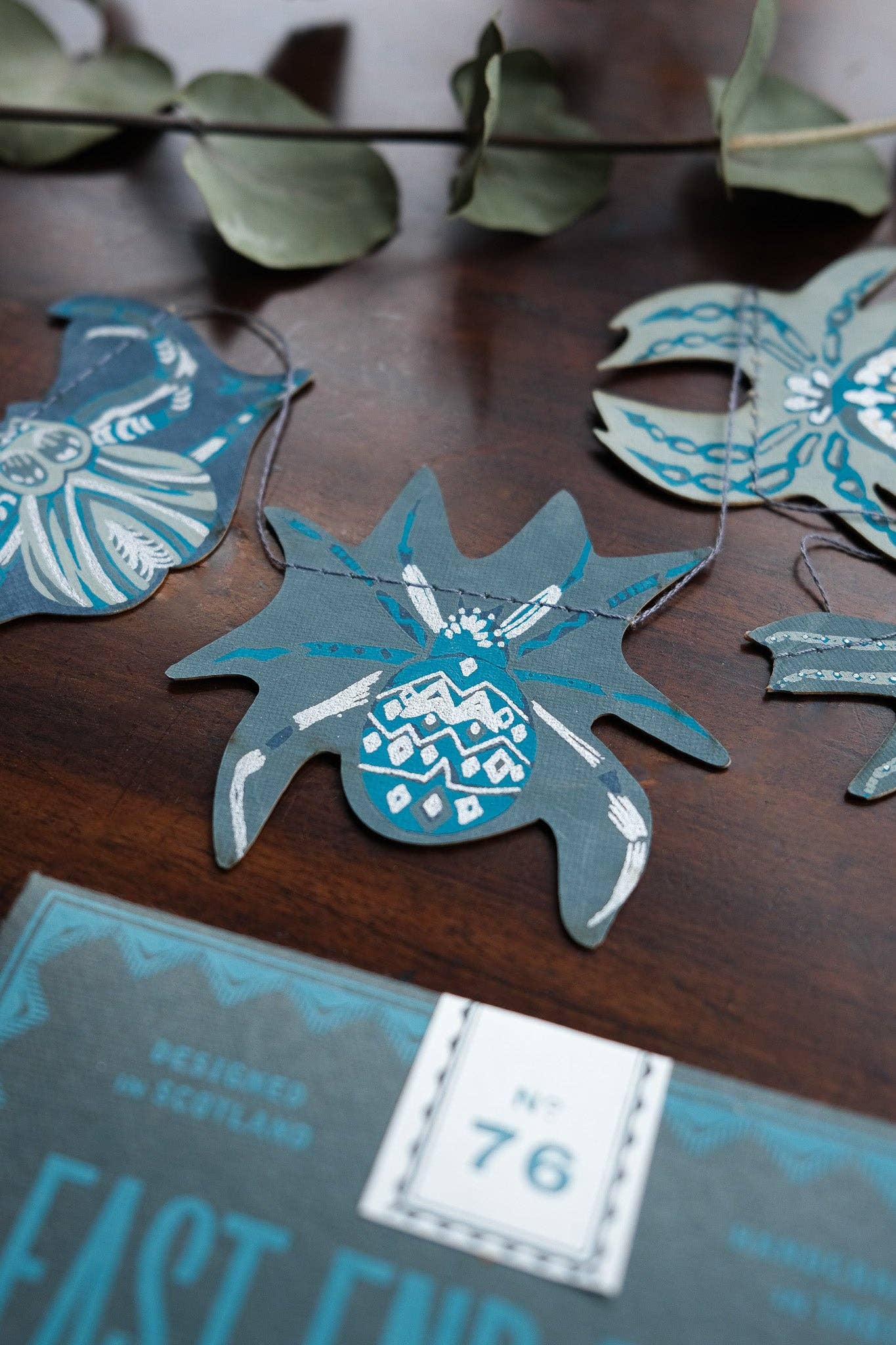 Hand-sewn recycled Halloween garland with 20 spooky screen-printed spiders