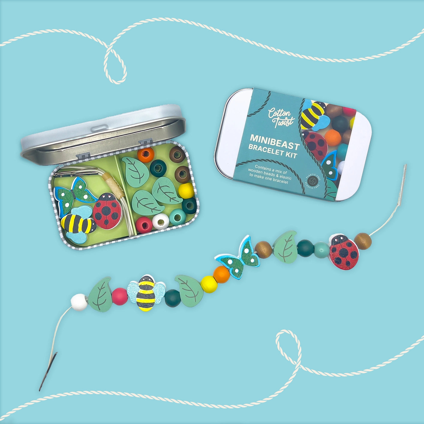 Eco-friendly bracelet craft kit with insect and leaf beads, presented in gift tin