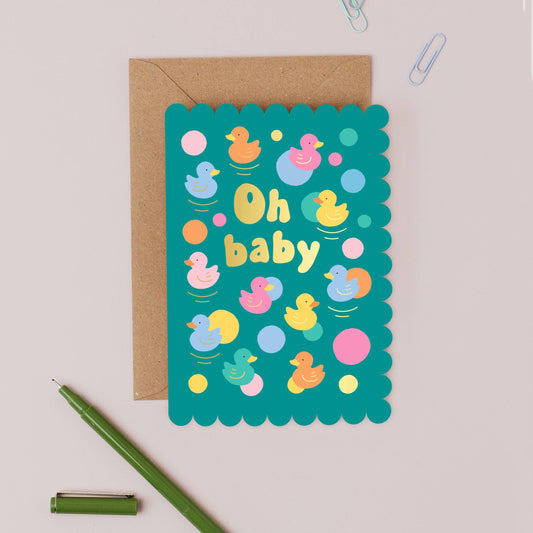 Oh Baby! rubber duck themed new baby greeting card with scalloped edges