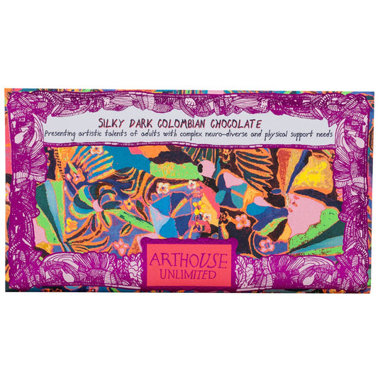 Psychodelia silky dark Colombian chocolate bar with vibrant purple artwork by Laura Tregellas, wrapped in recyclable packaging.