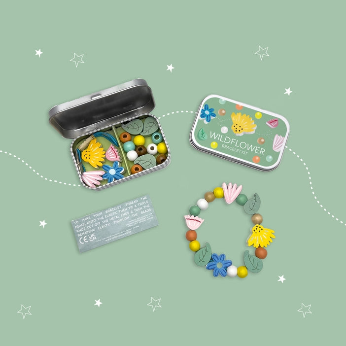 A beautiful gift tin containing elastic and beads to create this wildflower bracelet. The elastic comes with metal ends to aid the beading process for young children. The kit is presented in a rectangular tin