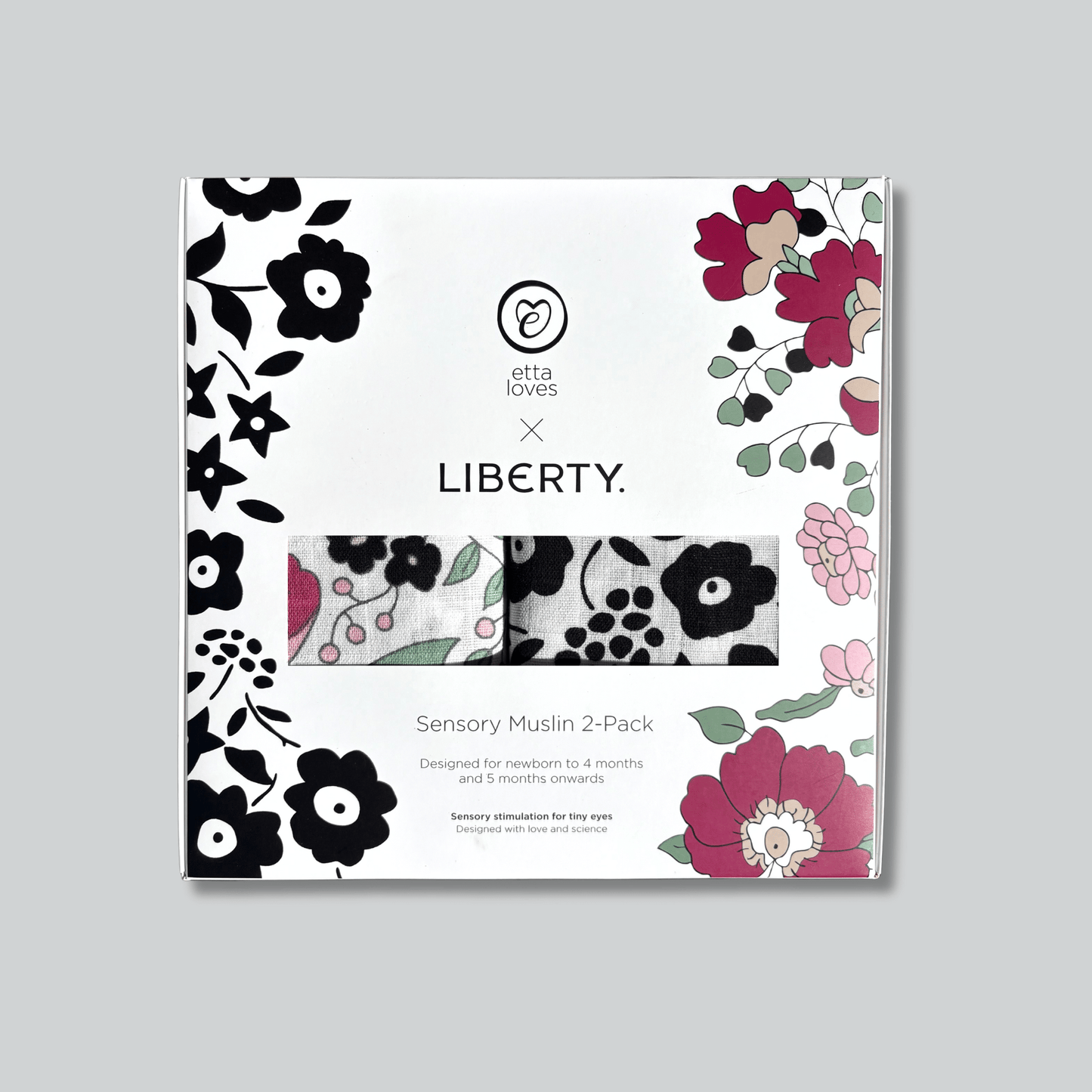 Packaging of etta loves x Liberty Sensory Muslin 2-Pack on a gray background
