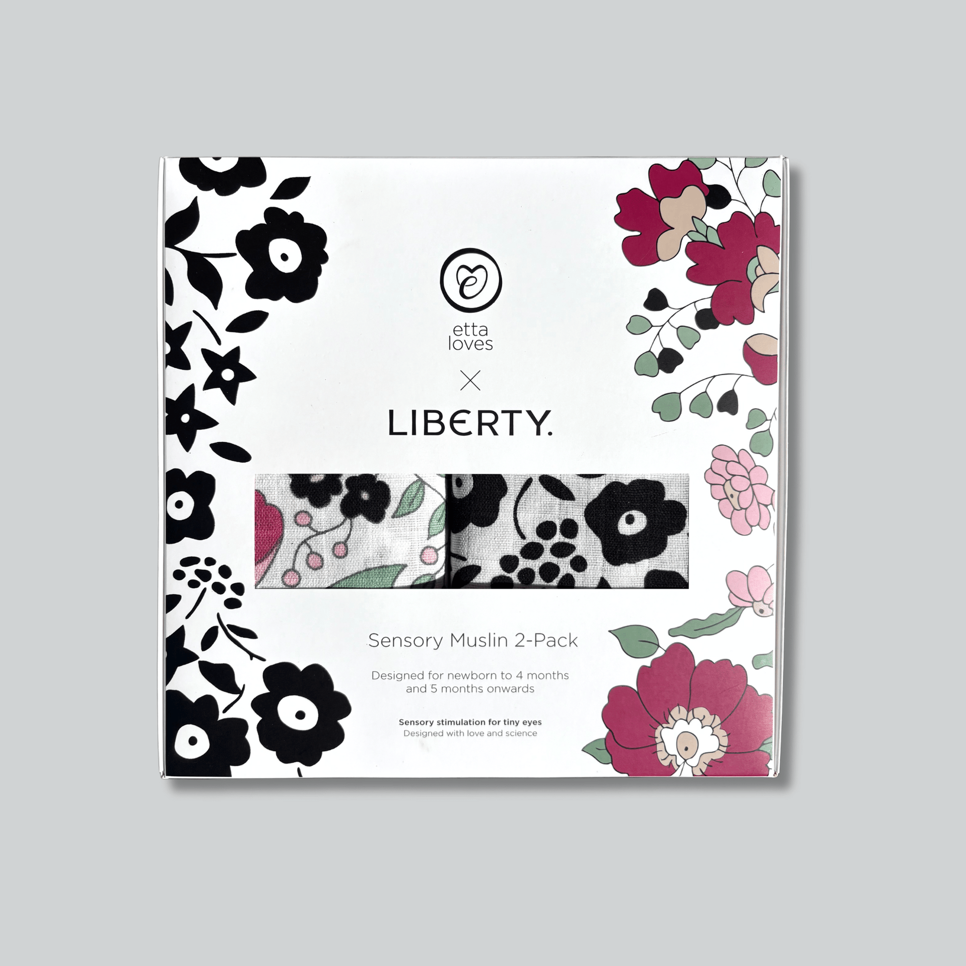 Packaging of etta loves x Liberty Sensory Muslin 2-Pack on a gray background