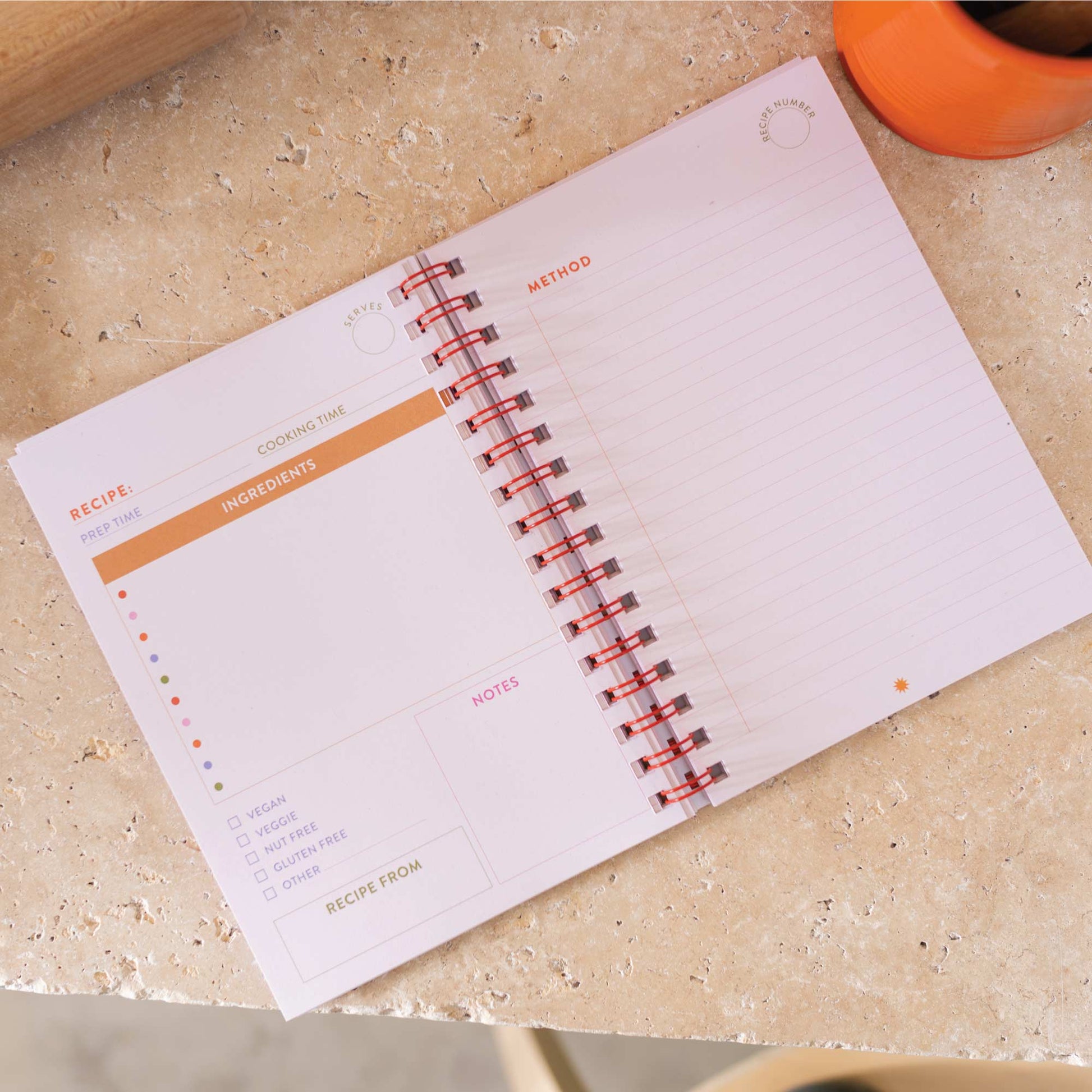 Open Flavours A5 Recipe Journal showing blank recipe pages and cooking conversions