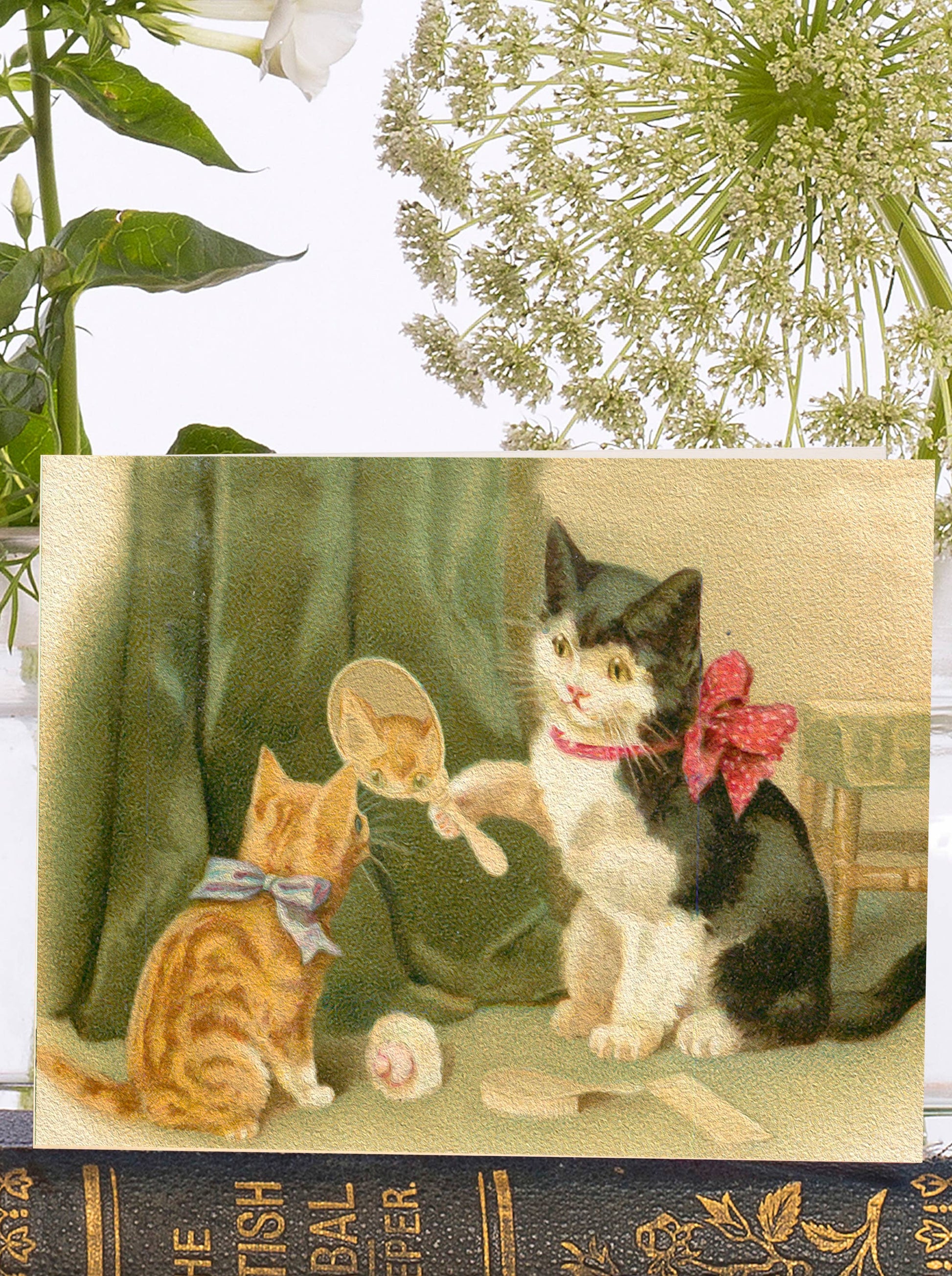 Little vintage greeting card featuring two cats with a mirror, vintage illustration style, 9x12cm, sustainably sourced ivory envelope, made in England.