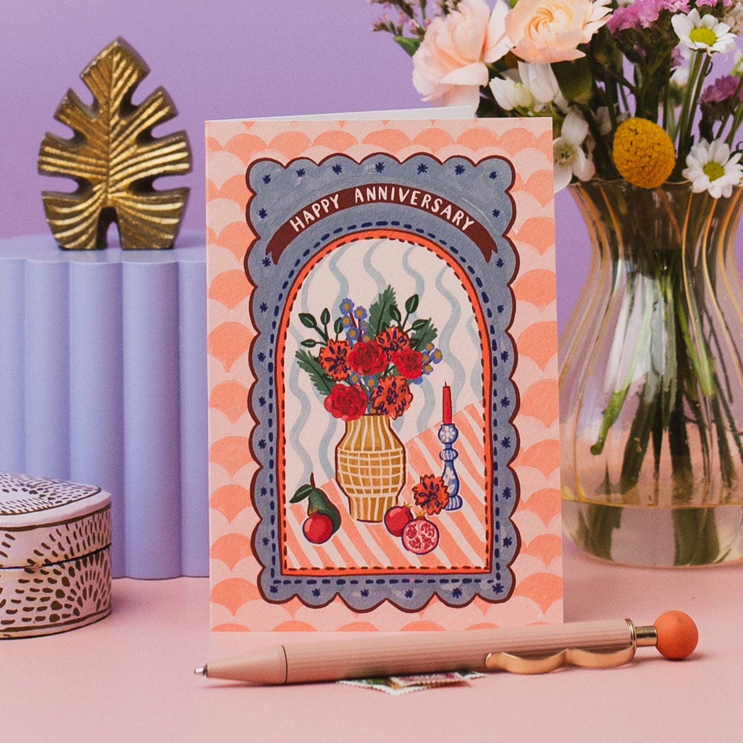 Maximalist Pomegranate & Flower Anniversary Card, A6, with kraft envelope
