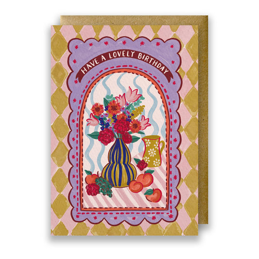 Maximalist fruit and flower still life birthday card