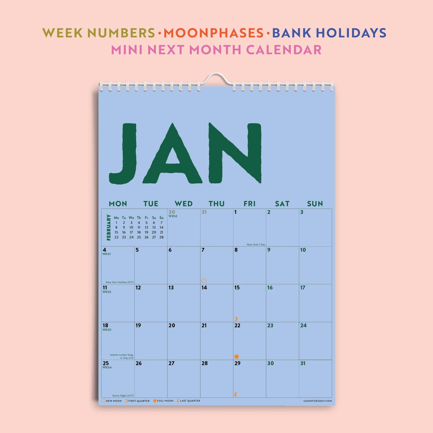 Vibrant monthly pages of the A4 Colourburst Calendar in contrasting colours