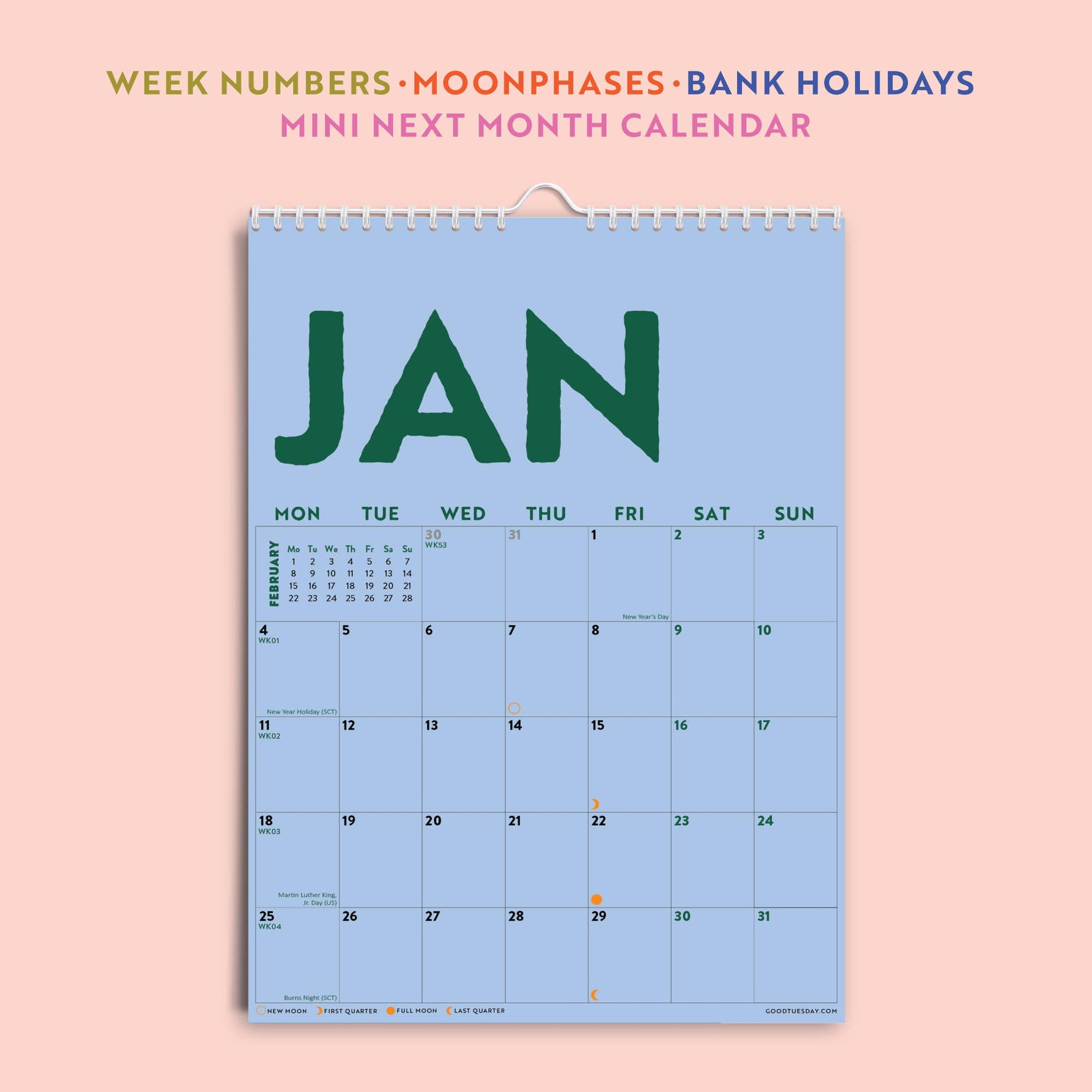 Vibrant monthly pages of the A4 Colourburst Calendar in contrasting colours