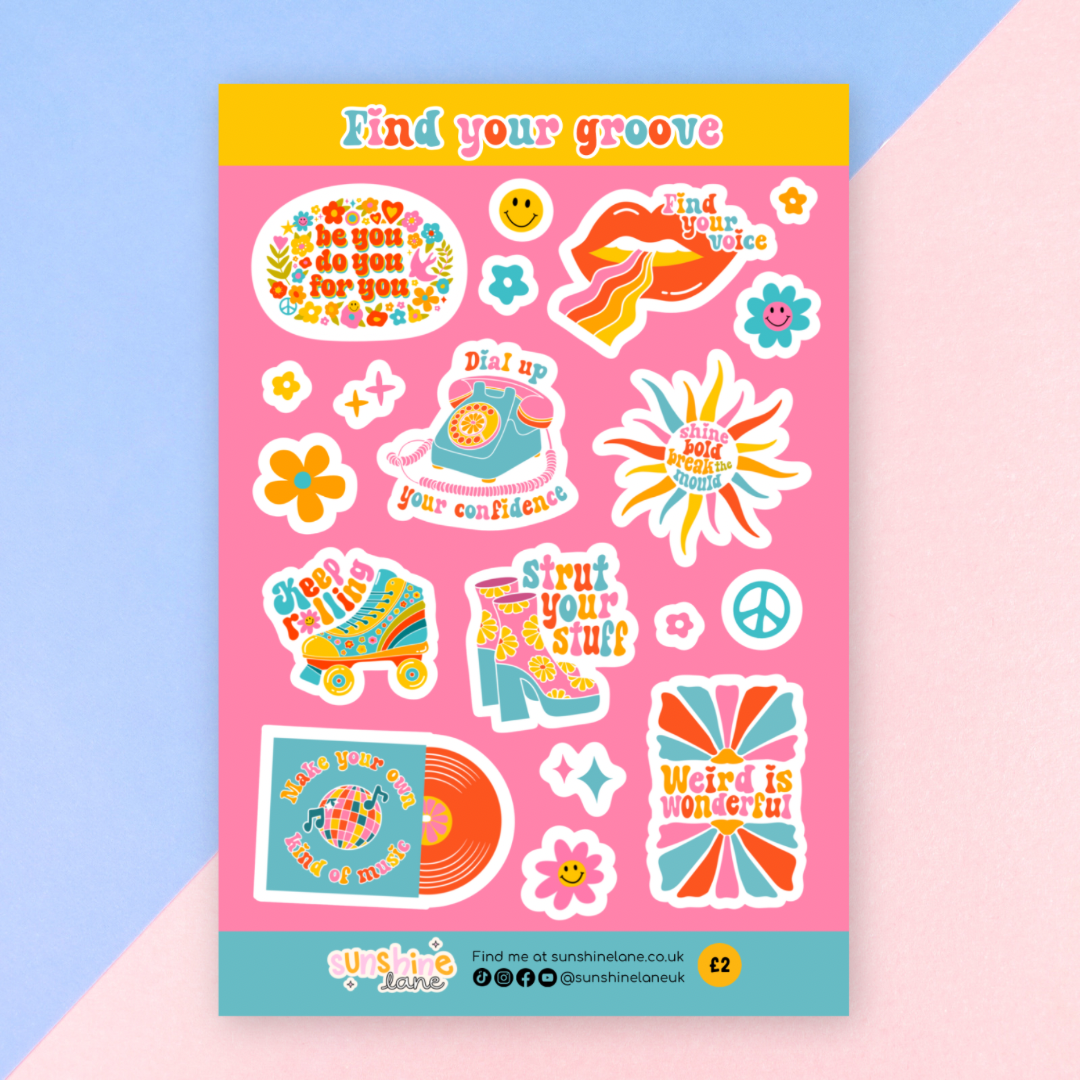 Find Your Groove Retro Sticker Sheet with colourful vintage icons and floral doodles on matte vinyl, perfect for journals and planners.
