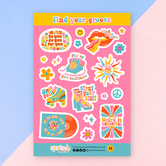 Find Your Groove Retro Sticker Sheet by Sunshine Lane on matte vinyl with retro icons and positive quotes