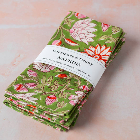 Garden Floral Cotton Napkins Set of 4 Green and Pink