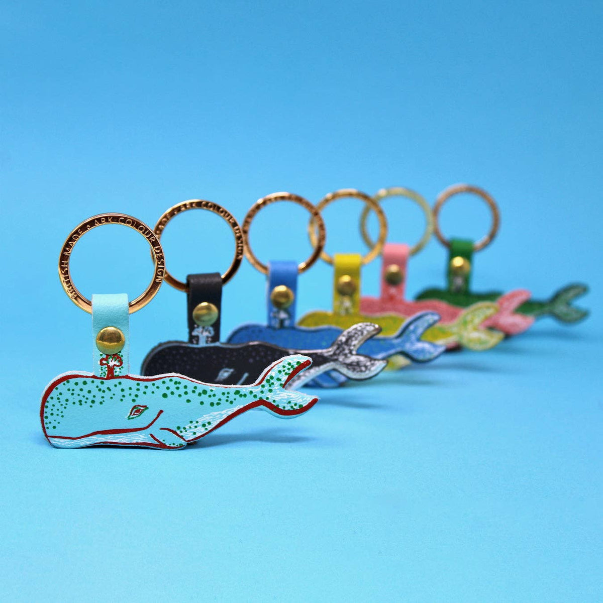 Humpback whale genuine leather keyring with gold plated ring