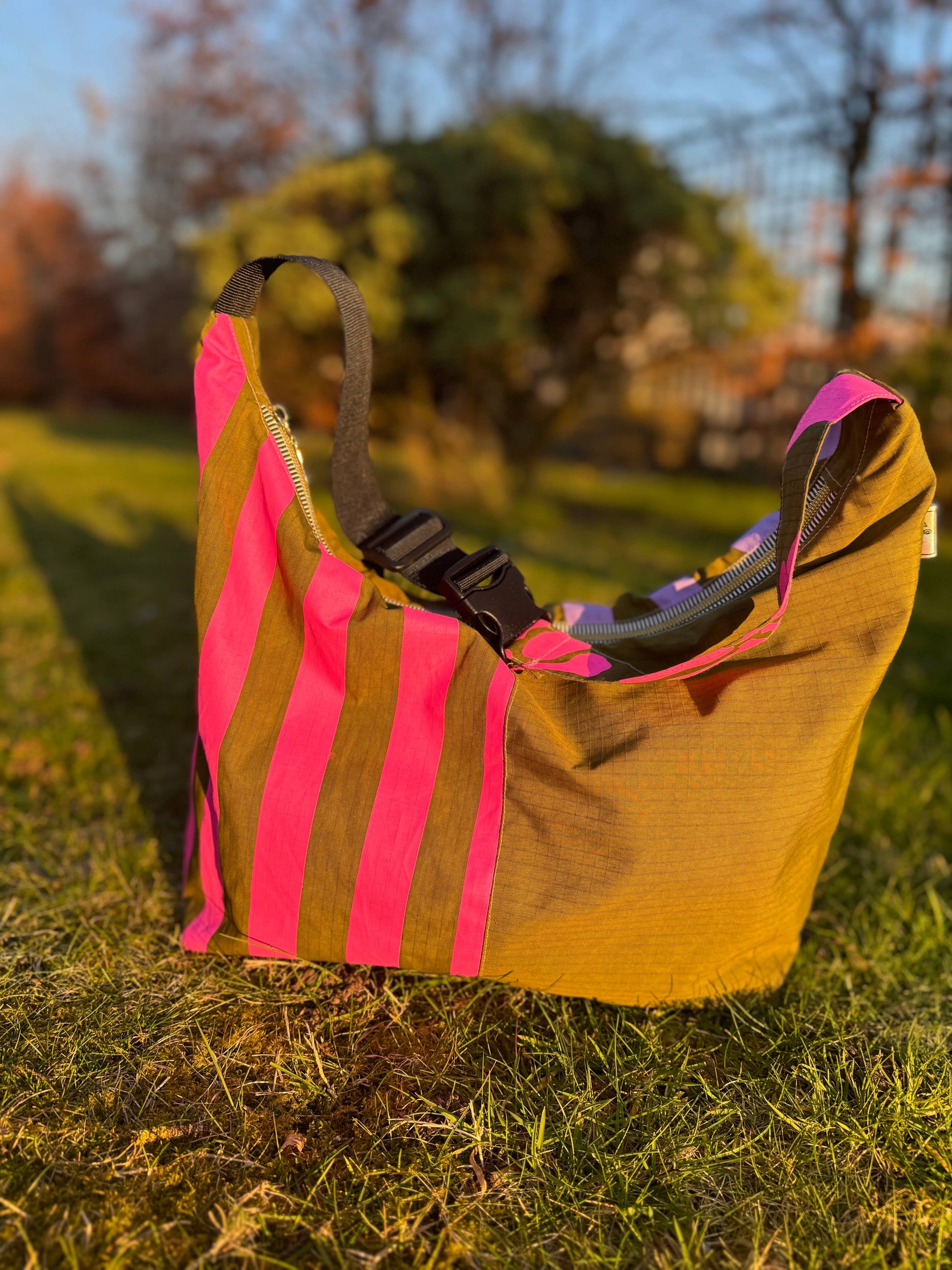 Khaki Pink & Lilac Stripe Waterproof Bag, close-up