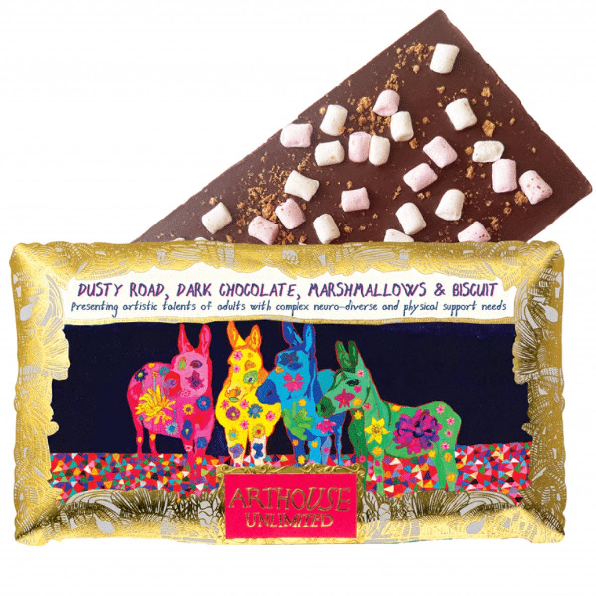 Dusty Road silky dark chocolate bar with marshmallows and biscuit, wrapped in colourful foil featuring Jack Churchyard artwork in a gold frame.