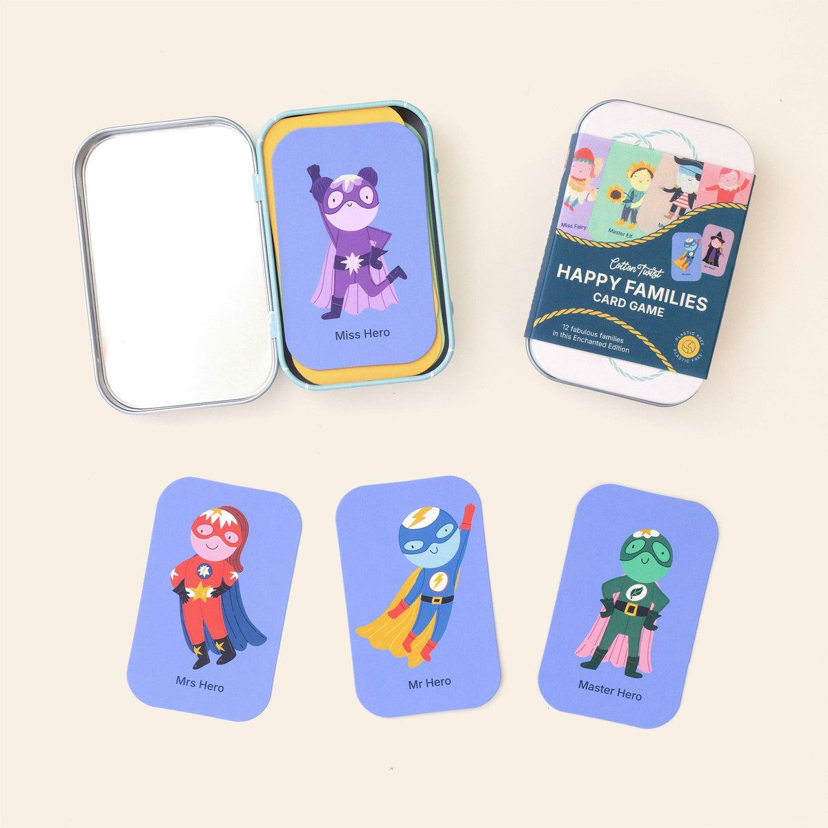 Kids travel card game in reusable metal tin