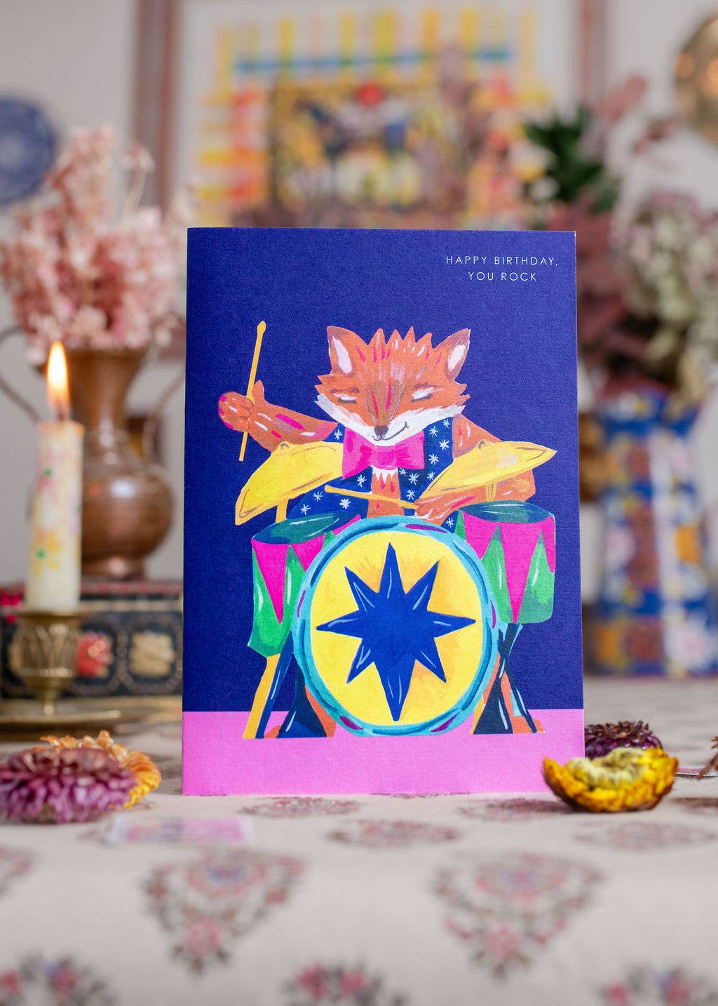 Close up of Rocking Fox illustration on sustainable birthday card