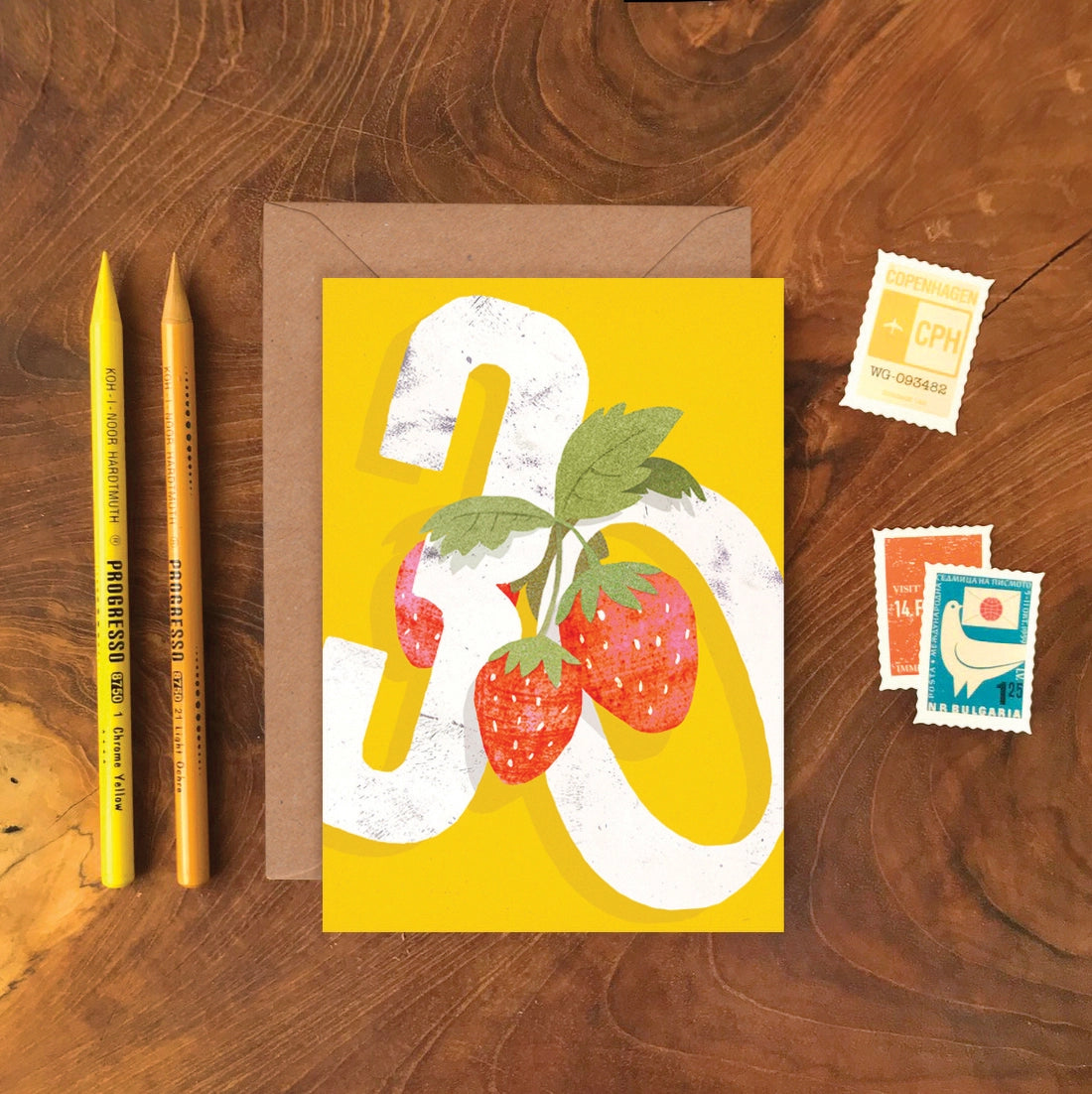A6 30th birthday greeting card with a sweet strawberry illustration and 'Thirty' caption by Emily Nash, printed on sustainable matte card with recycled kraft envelope.
