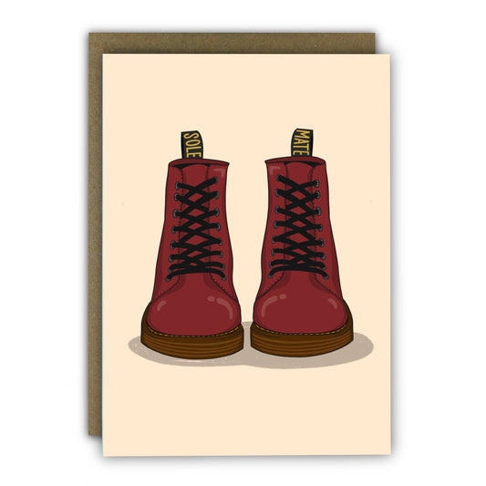 Funny “Sole Mate” Dr Martens anniversary card—A6 size, hand-illustrated, premium lightly textured card, UK made, blank inside, with kraft envelope.