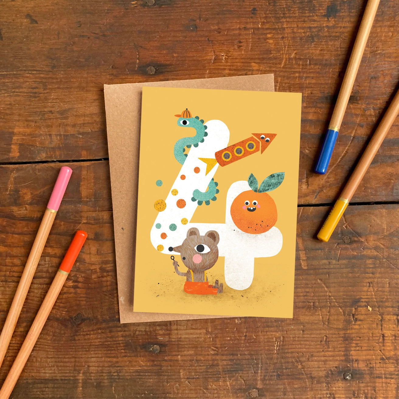 Eco-friendly Age 4 birthday card with recycled kraft envelope
