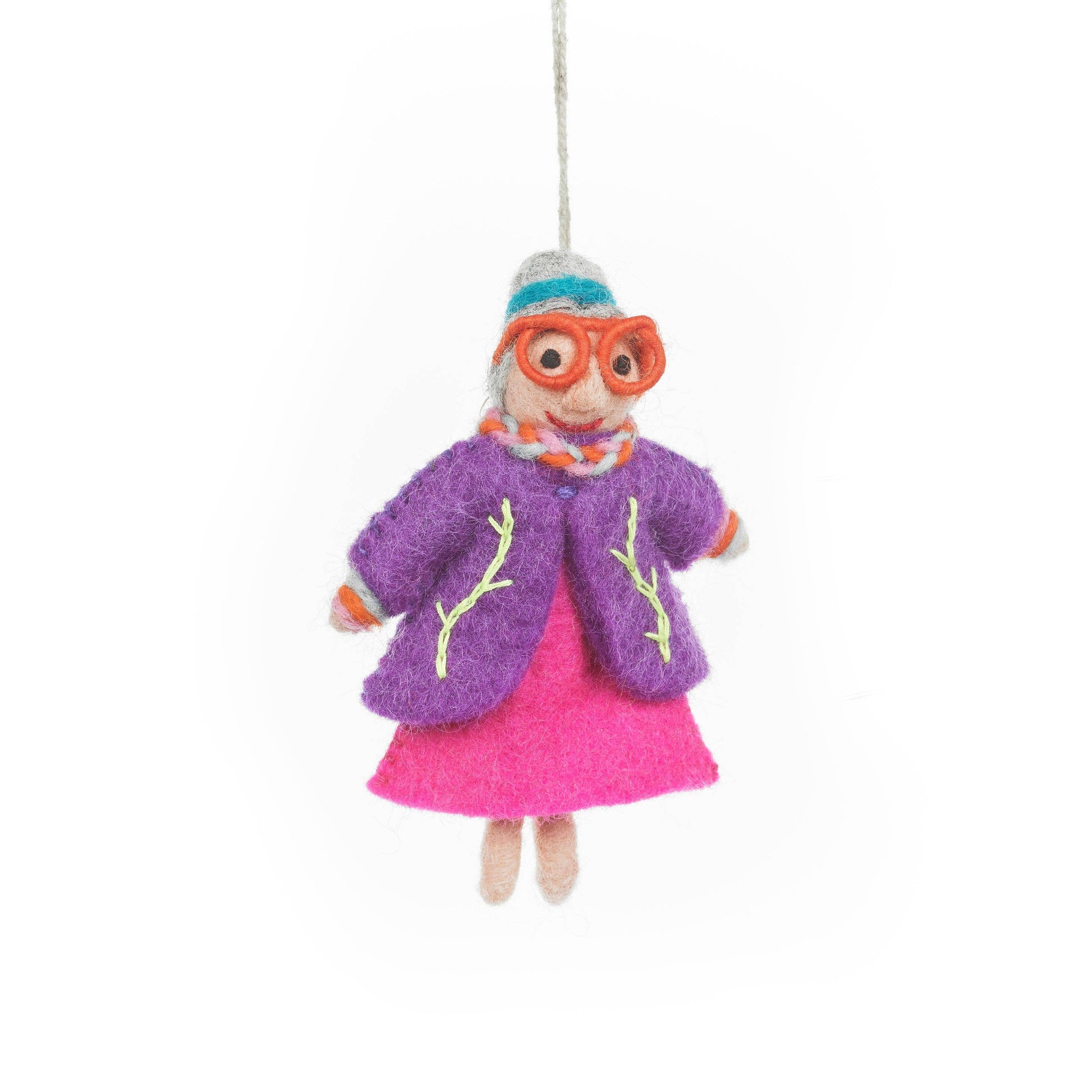 Close-up of Handmade Felt Groovy Granny Hanging Ornament