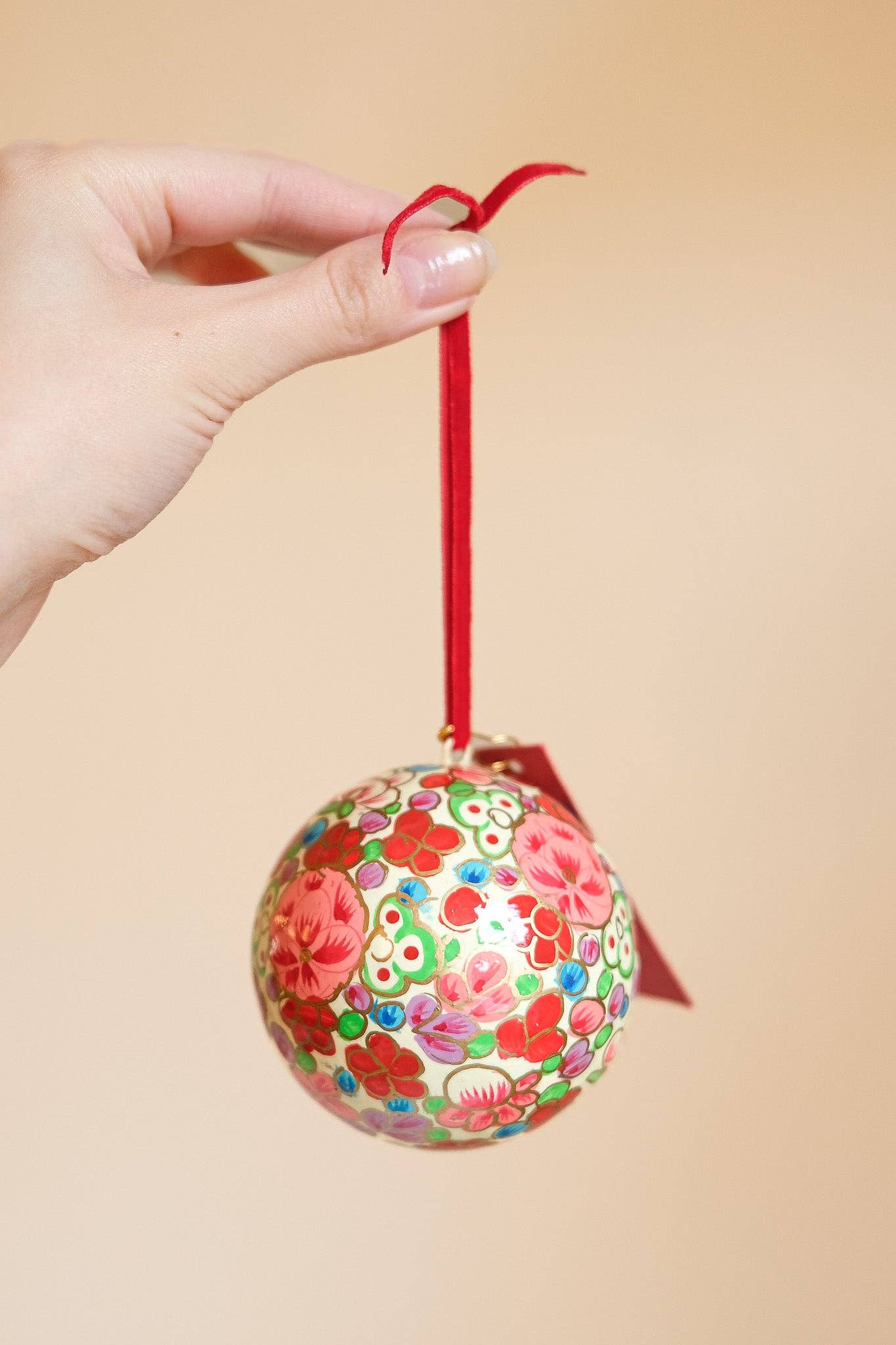 Hand-painted crimson flower papier mâché bauble for Christmas tree