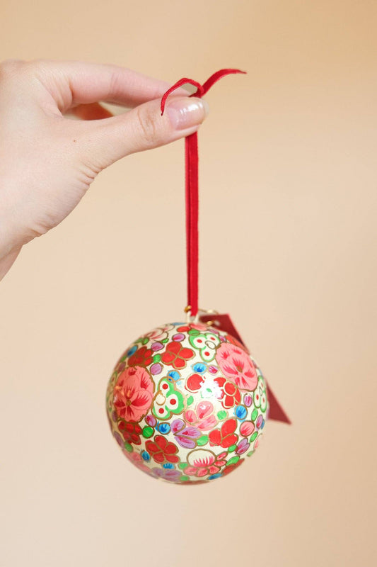 Hand-painted crimson flower papier mâché bauble for Christmas tree