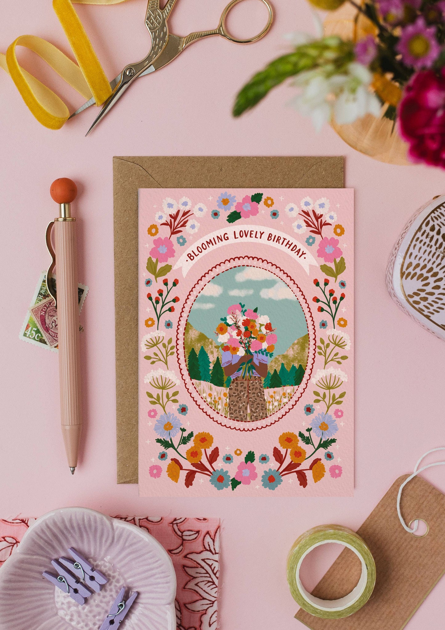 Wild Women collection greeting card featuring hand-lettered Blooming Lovely caption