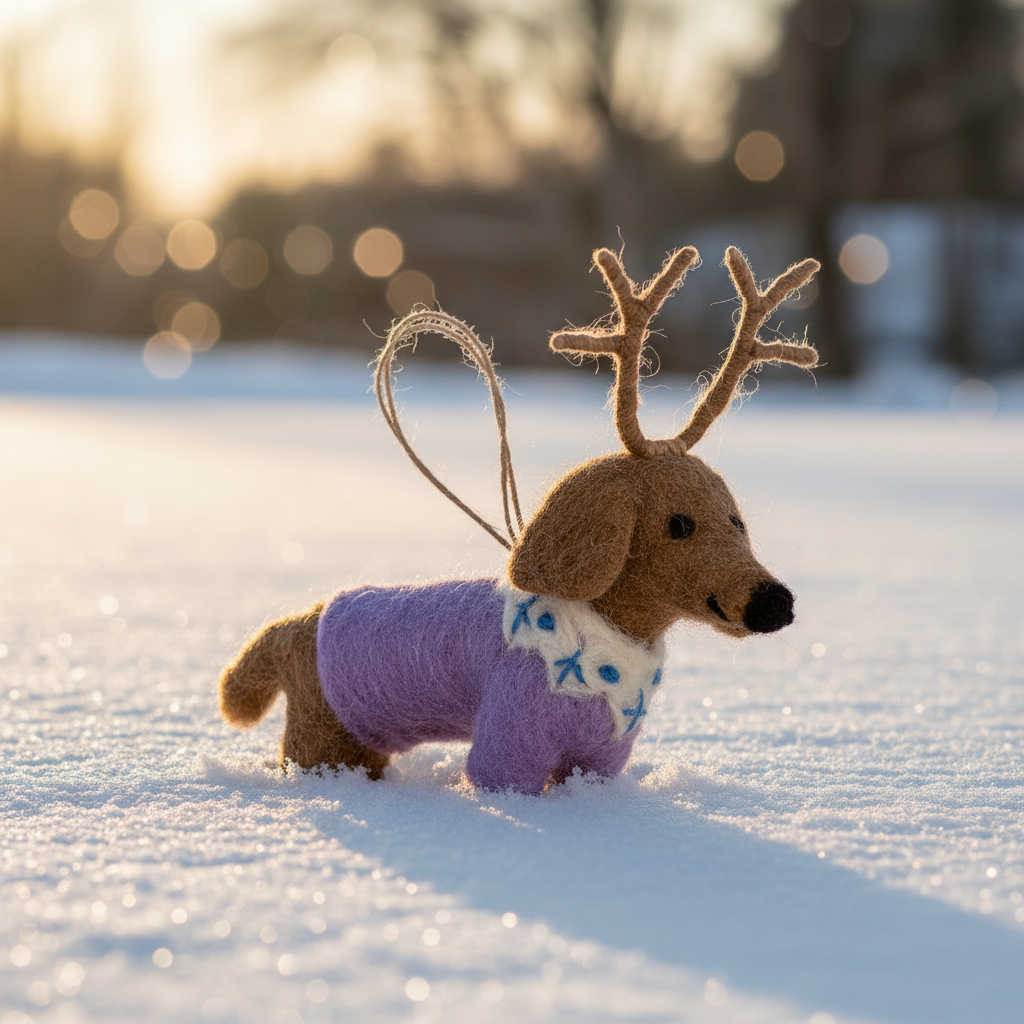Handmade felt Rudy Dachshund Christmas decoration with antlers
