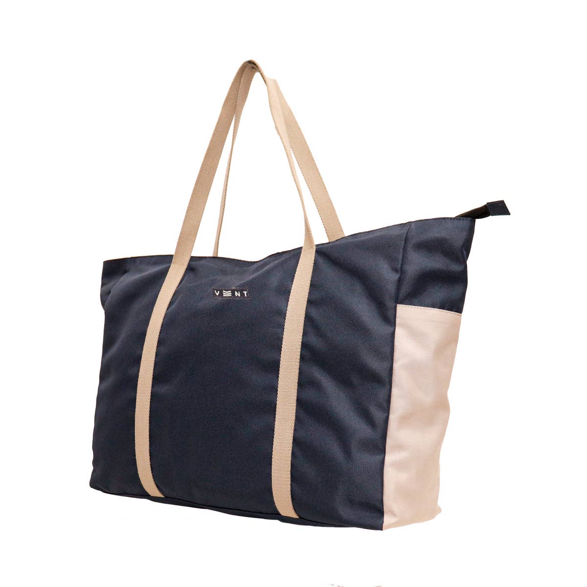 Comfortable wide shoulder webbing handles on navy shopper bag