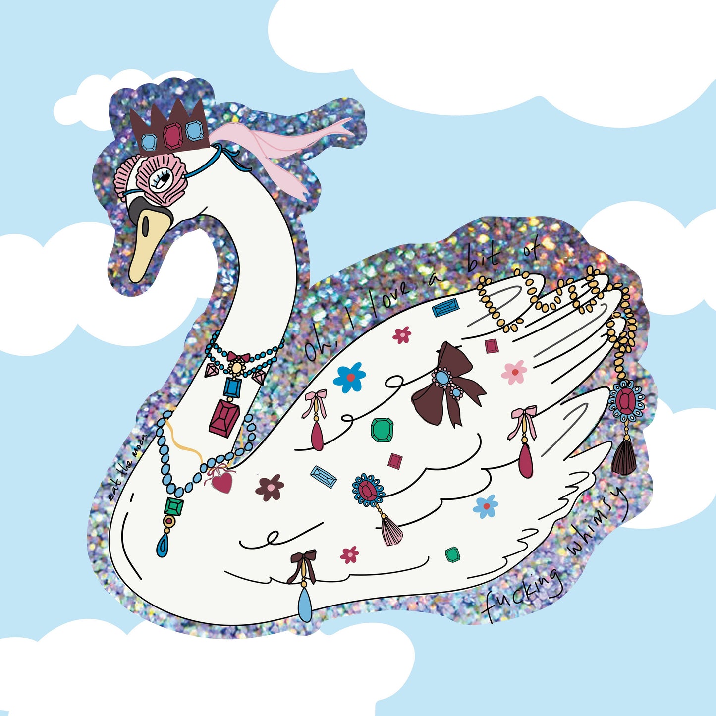 Swan whimsy, glitter vinyl sticker, die cut sticker sparkle