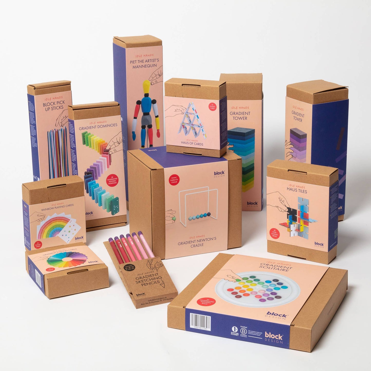 Collection of educational toy boxes with colourful designs on a white background