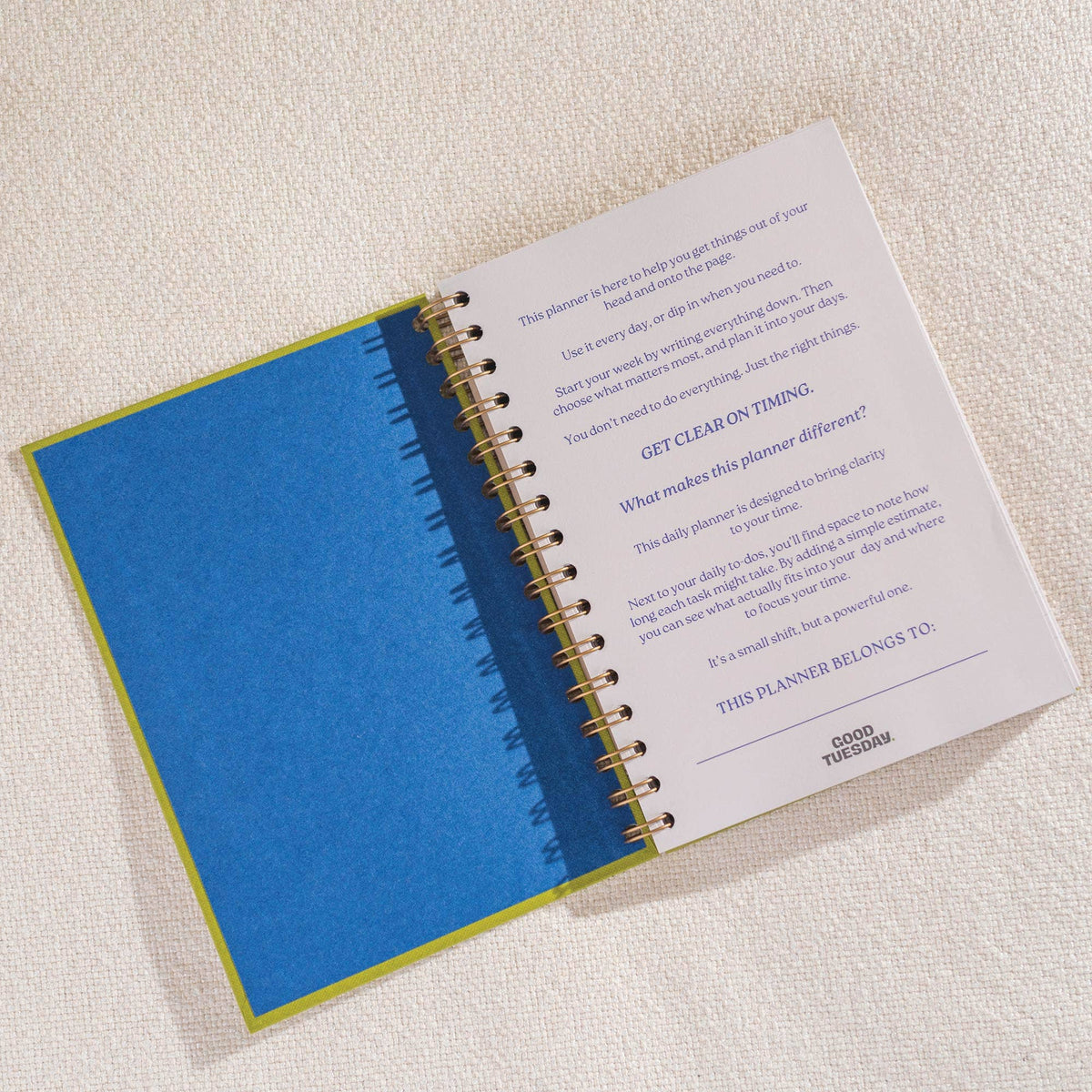 Bronze wire binding detail on the matcha green daily planner