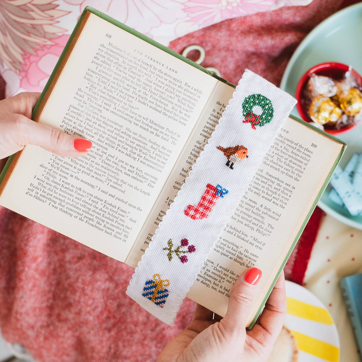 Christmas cross stitch bookmark kit with festive holiday motifs