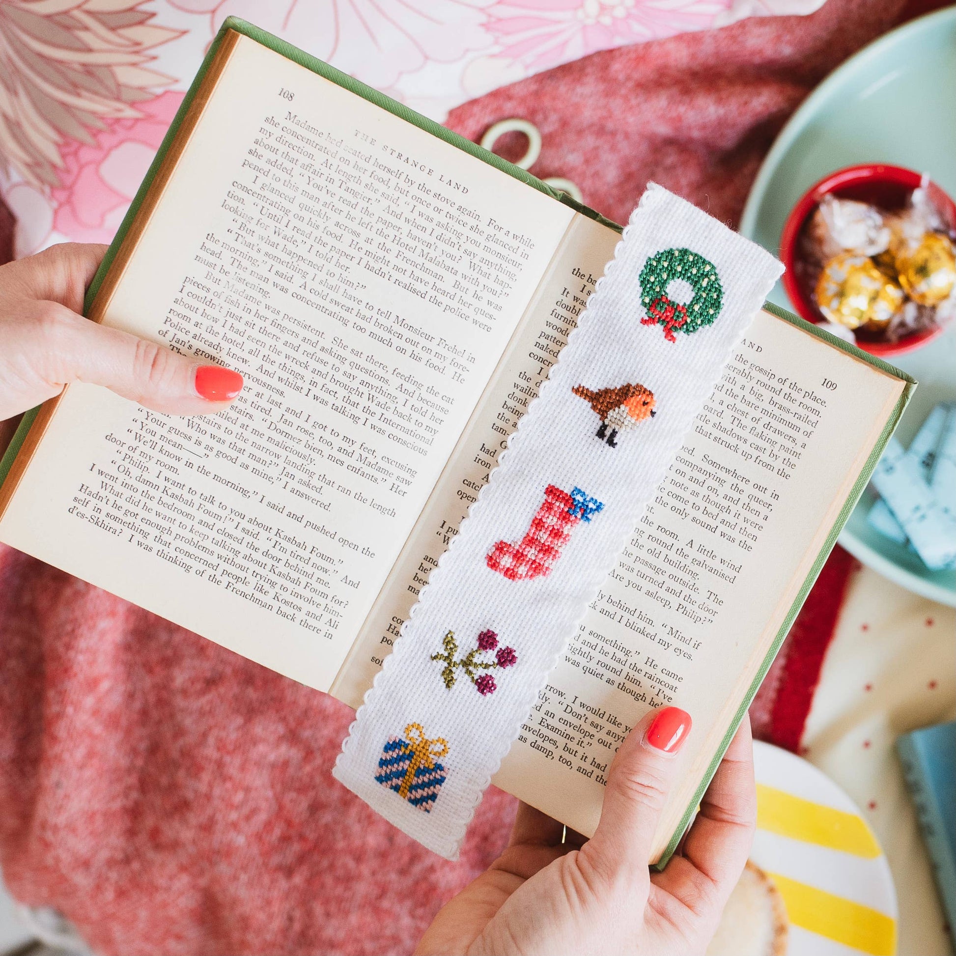 Christmas cross stitch bookmark kit with festive holiday motifs