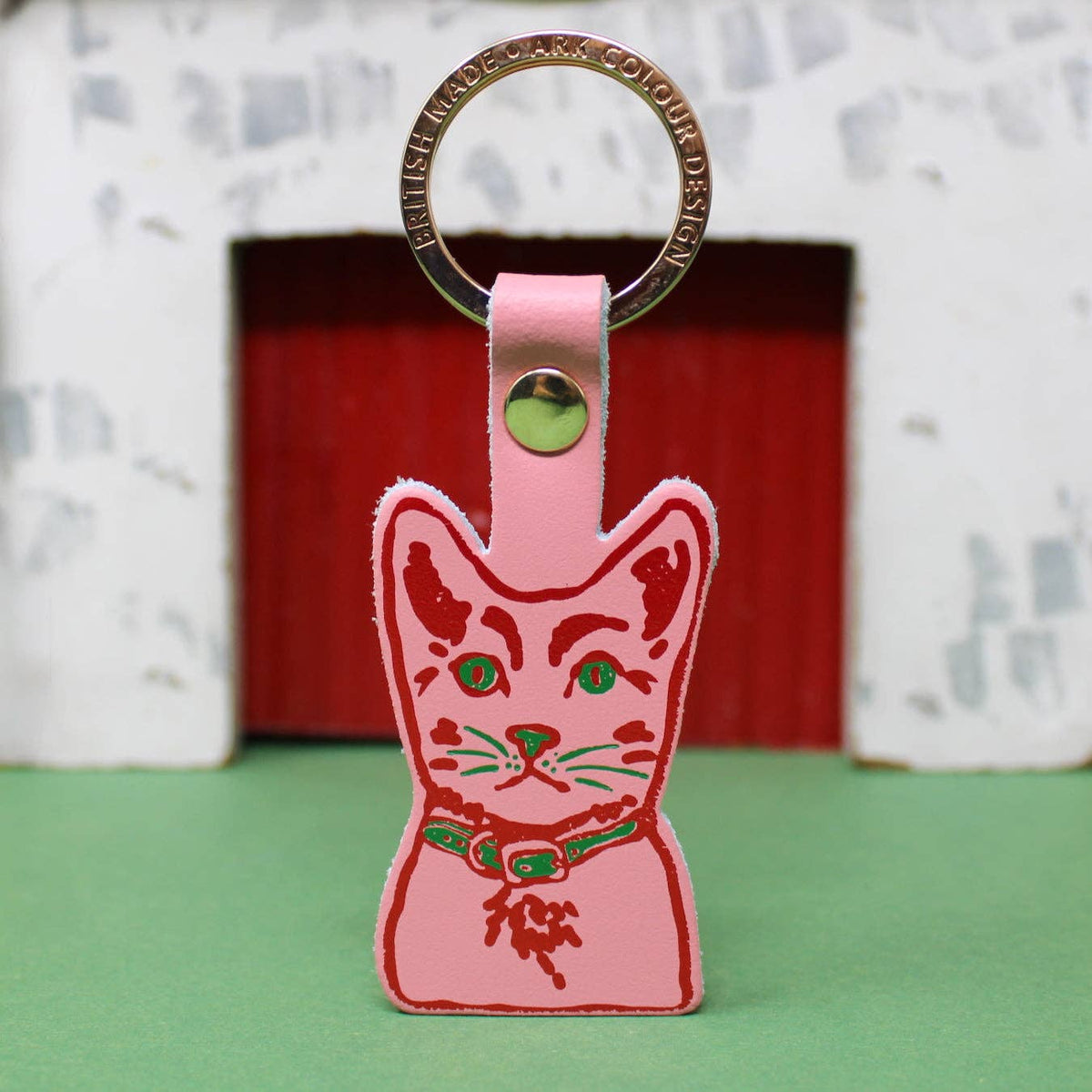 Tabby cat leather keyring styled with house keys