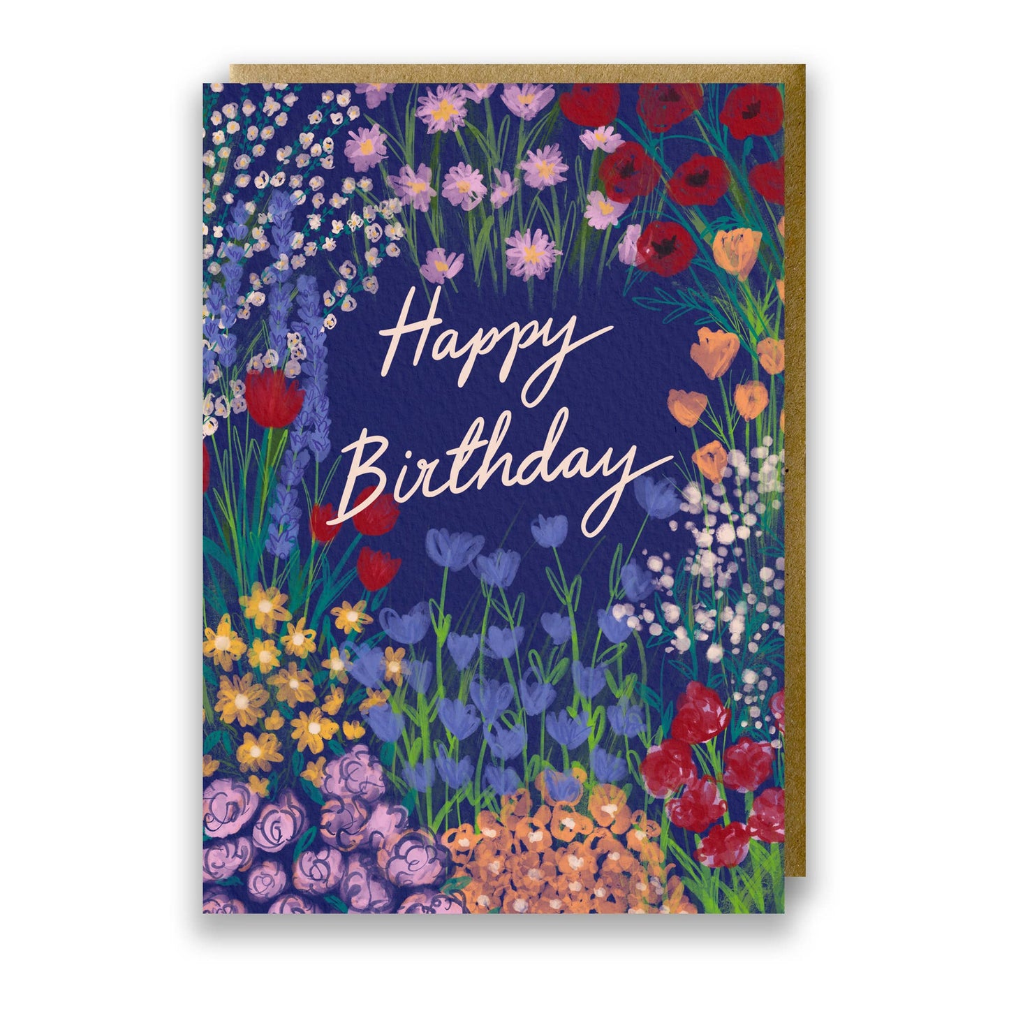 A6 Wildflowers Happy Birthday Card with watercolour style design and kraft envelope, plastic-free and sustainably made in the UK.