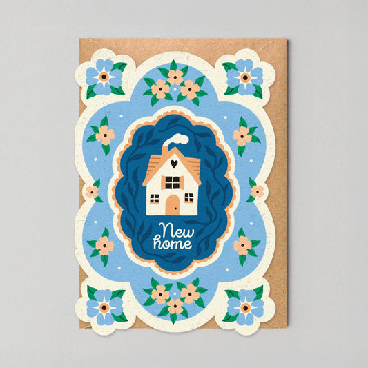 Die cut cottage core housewarming card with floral border and kraft envelope