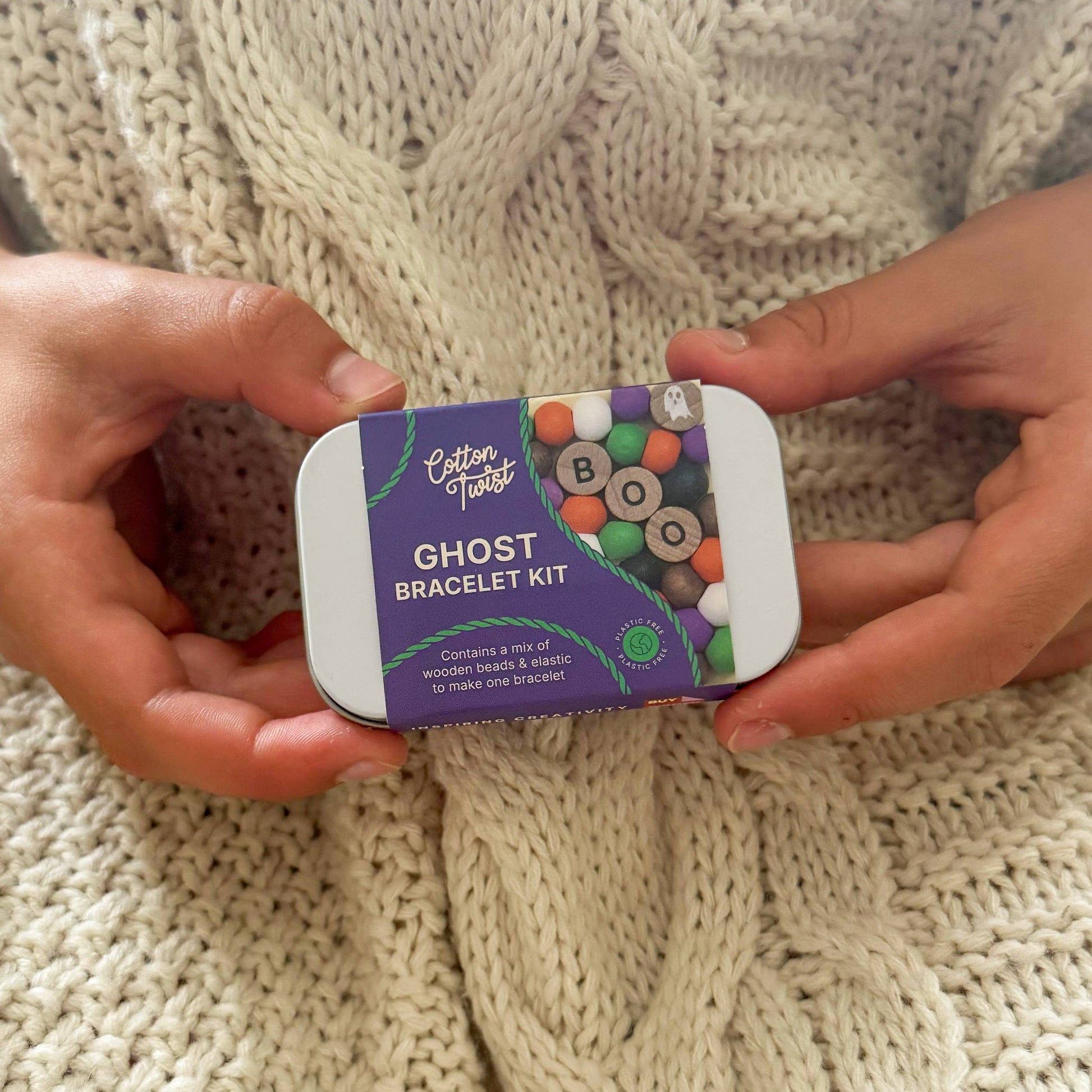 Cotton Twist Halloween Ghost Bracelet Kit with sustainably certified wooden beads and eco-friendly metal tin